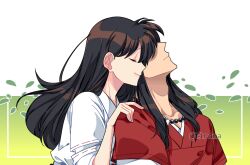  1boy absurdres bead_necklace beads black_hair closed_eyes commentary couple female green_background hair_between_eyes hand_on_another&#039;s_shoulder highres higurashi_kagome inuyasha inuyasha_(character) japanese_clothes jewelry long_hair miko necklace red_shirt shirt sidelocks smile straight symbol-only_commentary tiroma tooth_necklace twitter_username white_shirt 