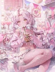  ahoge armpit_crease bow collarbone cropped_shirt cup curtains drinking_straw female flower frilled_skirt frills highres holding holding_cup ice ice_cube long_sleeves looking_at_viewer low_twintails maid_headdress midriff navel original pantyhose parted_bangs parted_hair parted_lips pink_bow pink_pantyhose rabbit rose sitting skirt slippers star_(symbol) strap_slip stuffed_animal stuffed_toy twintails white_bow white_hair yellow_eyes yp1091 
