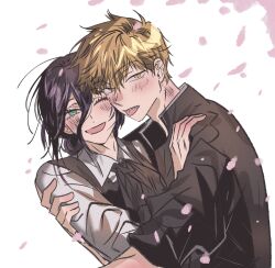  1boy arm_around_back black_dress black_jacket black_ribbon blonde_hair busuttt chainsaw_man cherry_blossoms collared_shirt couple denji_(chainsaw_man) dress falling_petals female gakuran green_eyes hair_between_eyes hair_bun hand_on_another&#039;s_shoulder highres hug jacket medium_hair neck_ribbon one_eye_closed open_mouth petals pinafore_dress pink_petals purple_hair reze_(chainsaw_man) ribbon school_uniform sharp_teeth shirt short_hair sleeveless sleeveless_dress smile straight teeth tongue tongue_out updo upper_body white_background white_shirt yellow_eyes 