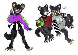  2019 absurd_res alternative_fashion anthro black_body black_fur bottomwear claws clothed clothing dasyurid dasyuromorph duo ear_piercing ear_ring eating female food fur hi_res jewelry kyokyota licking licking_lips mammal marsupial necklace pawpads piercing red_eyes ring_piercing shirt shorts simple_background sitting skirt tasmanian_devil teeth tongue tongue_out topwear 