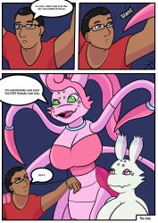  3_fingers 4_fingers absurd_res after_transformation anthro arachnid arthropod arthropod_abdomen arthropod_webbing big_breasts black_eyewear black_glasses blade_arm blue_choker blue_jewelry blue_necklace bound breasts brown_body brown_skin champion_(the_succubus_hunt) choker cleavage clothed clothing dialogue dipstick_ears ear_markings eyeshadow eyewear female fingers footwear glasses gloves green_eyes group hair hand_on_shoulder handwear hi_res human hybrid jewelry kumoko lipstick living_toy makeup mammal mob_entertainment mommy_long_legs multi_arm multi_eye multi_limb multicolored_ears necklace pink_body pink_clothing pink_eyes pink_eyeshadow pink_gloves pink_hair pink_handwear pink_lipstick pink_skin poppy_playtime purple_ear_tips red_clothing red_shirt red_topwear rex_equinox sadith_(the_succubus_hunt) shirt smile smug so_i&#039;m_a_spider_so_what? species_in_dialogue spider stab surprised the_succubus_hunt topwear transformation trio web_bondage white_body 