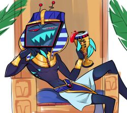  2025 4_fingers alcohol alternate_costume beverage blue_body blue_eyes blue_skin claws clothing demon demon_humanoid digital_drawing_(artwork) digital_media_(artwork) egyptian egyptian_clothing electronics finger_claws fingers for_a_head hazbin_hotel heart_nipples hellaverse hi_res humanoid male nipples object_head open_mouth open_smile pecs pharaoh pinksartdump pupils red_sclera royalty screen screen_face screen_head sharp_teeth sitting slit_pupils smile solo teeth television thorne tv_head vox_(hazbin_hotel) wine 