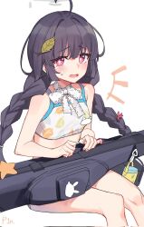  ahoge black_hair blue_archive blush breasts female grey_halo halo hashtag-only_commentary highres leaf looking_at_viewer miyu_(blue_archive) miyu_(swimsuit)_(blue_archive) p1n pink_eyes rabbit sitting small_breasts sweatdrop white_background 