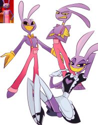  2025 4_fingers absurd_res anthro black_eyes bow_tie choker clothing crossed_arms digital_drawing_(artwork) digital_media_(artwork) fingers footwear fur glitch_productions gloves hand_behind_head handwear hazbin_hotel hellaverse hi_res high_heels jax_(tadc) jewelry lagomorph legwear leporid long_ears maid_uniform male mammal necklace overalls pink_clothing pink_overalls pinksartdump purple_body purple_fur rabbit reference_image sharp_teeth shoes short_tail simple_background smile solo stockings style_emulation tail teeth the_amazing_digital_circus uniform white_background white_clothing white_gloves white_handwear white_legwear white_stockings yellow_choker yellow_clothing yellow_gloves yellow_handwear yellow_jewelry yellow_necklace yellow_sclera 