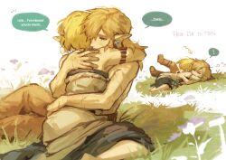  ! &gt;_&lt; 1boy absurdres armlet bare_shoulders barefoot blonde_hair blush boots character_name couple dress earrings english_text female hair_over_one_eye highres hug isa-415810 jewelry link long_dress long_hair pointy_ears princess_zelda scar scar_on_arm scar_on_back short_hair sidelocks spoken_exclamation_mark straight strapless strapless_dress tears the_legend_of_zelda the_legend_of_zelda:_tears_of_the_kingdom topless_male white_dress 