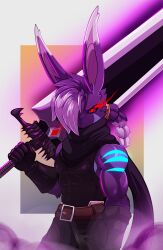  absurd_res black_sclera colin_(disambiguation) colin_(foxynoms) fantasy fantasy_weapon greatsword hi_res lagomorph leporid male mammal neon non-vore rabbit 