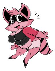  2025 absurd_res anthro belly big_breasts black_clothing black_footwear black_inner_ear black_shirt black_shoes black_topwear bottomwear breasts cleavage clothed clothing digital_drawing_(artwork) digital_media_(artwork) emanata facial_markings female fingers footwear full-length_portrait fur gabbah head_markings hi_res kouka_&amp;_bibi mammal markings mask_(marking) navel open_mouth open_smile pink_body pink_fur portrait procyonid raccoon red_clothing red_topwear shirt shorts simple_background smile solo standing tail topwear white_background white_sclera 