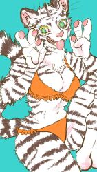  2019 4_fingers anthro bikini biped black_body black_fur black_stripes blue_background breasts chest_tuft claws cleavage clothed clothing digital_media_(artwork) fangs felid female female_anthro fingers fur gesture green_eyes hand_gesture hi_res inner_ear_fluff kemono kyokyota looking_at_viewer mammal markings midriff multicolored_body multicolored_fur navel open_mouth orange_clothing pantherine pawpads paws piercing pink_nose pink_pawpads sharp_teeth simple_background sitting smile solo striped_body striped_fur striped_markings striped_tail stripes swimwear tail tail_markings teeth tiger tongue tongue_out tuft two-piece_swimsuit v_sign whiskers white_body white_fur 