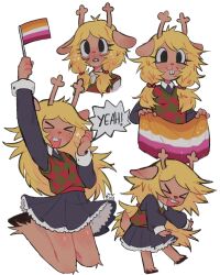  &gt;_&lt; 2024 absurd_res anthro antlers blonde_hair bottomwear buckteeth bust_portrait closed_eyes closed_smile clothed clothed_anthro clothed_female clothing deer deltarune digital_drawing_(artwork) digital_media_(artwork) emanata english_description eyelashes female flag flag_(object) freckled_face freckles full-length_portrait hair half-length_portrait hi_res holding_flag holding_object hooves horn lesbian_pride_colors lgbt_pride mammal mouth_closed multiple_poses new_world_deer noelle_holiday open_mouth open_smile pointy_speech_bubble portrait pose pride_colors reindeer signature skirt smile solo speech_bubble teeth topwear undertale_(series) vest ztermidsy 