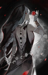  absurdres back_tattoo backless_dress backless_outfit bandaged_arm bandaged_hand bandages bare_shoulders black_background black_dress black_veil braid breasts crescent crescent_tattoo dress falling_petals female flower from_behind hand_up highres lace-trimmed_veil lace_trim long_braid long_hair looking_at_viewer medium_breasts official_alternate_costume petals profile quanx70909457 red_eyes red_flower red_rose reverse:1999 rose semmelweis_(reverse:1999) semmelweis_(the_wax_and_wane_of_the_heart)_(reverse:1999) sideboob single_braid sleeveless sleeveless_dress solo tattoo upper_body veil 