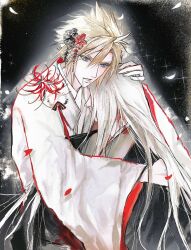  2boys 3_3lecho absurdres black_kimono blonde_hair cloud_strife falling_petals final_fantasy final_fantasy_vii flower grey_hair hair_between_eyes hair_flower hair_ornament hand_on_another&#039;s_head highres hug japanese_clothes kimono long_hair male_focus multiple_boys parted_bangs parted_lips petals red_flower red_petals sephiroth short_hair sparkle spider_lily spiked_hair uchikake white_kimono wide_sleeves yaoi 