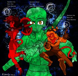  anthro atlus axe blue_background boots bottomwear clothing demon explosives female footwear gloves grenade group gun handwear hellaverse helluva_boss hi_res human imp jacket katana leotard lyonley male mammal megami_tensei melee_weapon millie_(helluva_boss) moxxie_(helluva_boss) pants protagonist_(smt_1) ranged_weapon red_body red_skin sega serious_face shirt shoes shotgun simple_background smile sword topwear weapon yellow_eyes 