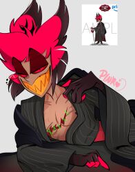  2025 4_fingers absurd_res alastor_(hazbin_hotel) animal_ears animal_humanoid antlers asian_clothing bedroom_eyes black_eyes black_hair chest_scar clothing deer deer_humanoid demon demon_humanoid digital_drawing_(artwork) digital_media_(artwork) east_asian_clothing eyewear fingers grey_background hair hazbin_hotel hellaverse hi_res horn humanoid japanese_clothing kimono looking_at_viewer lying male mammal mammal_humanoid monocle multicolored_hair narrowed_eyes on_front pinksartdump red_hair red_sclera reference_image scar seductive sharp_teeth short_hair simple_background smile solo tan_body tan_skin teeth two_tone_hair 