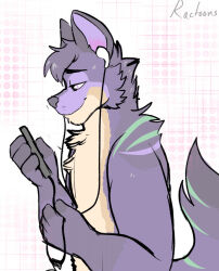  2021 4_fingers anthro arm_markings bent_arm black_eyebrows canid canine cellphone cheek_tuft chest_tuft closed_smile colored dantem_(character) digital_drawing_(artwork) digital_media_(artwork) dotted_background earbuds electronics english_description eyebrows facial_tuft fingers fur green_markings grey_nose hair half-closed_eyes half-length_portrait happy headphones hi_res holding_cellphone holding_jewelry holding_necklace holding_object holding_phone jewelry light lighting male male_anthro mammal markings mouth_closed multicolored_body multicolored_fur multicolored_tail narrowed_eyes necklace nude_anthro nude_male pattern_background phone portrait purple_body purple_eyes purple_fur purple_hair purple_tail ractoons short_hair shoulder_markings side_view simple_background smile solo standing tail tail_markings tan_body tan_fur tuft 