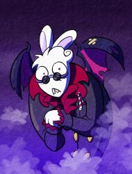  2024 4_fingers anthro arms_bent bandaged_wing black_trenchcoat blue_wings button_(fastener) claws closed_frown clothed clothed_anthro clothed_male clothing colored cravat crossover curly_hair digital_drawing_(artwork) digital_media_(artwork) english_description eyeliner eyewear fangs finger_claws fingers fog frown frowning_at_viewer glasses hair half-length_portrait hi_res hybrid lagomorph light lighting long_ears looking_at_viewer makeup male male_anthro mammal mario_bros mario_plus_rabbids_sparks_of_hope membrane_(anatomy) membranous_wings mouth_closed nintendo noseless notched_wings pink_eyes portrait purple_eyeliner purple_inner_ear rabbid randomrabbidramblings raving_rabbids rayman_(series) round_glasses shaded solo sunglasses t.s._woodrow teeth ubisoft vampire white_hair wide_eyed wings 