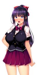  :o black_hair blush bow bowtie breasts constricted_pupils cowboy_shot female game_cg hairbow hand_on_own_hip high_ponytail kisaragi_nozomi large_breasts large_variant_set long_hair looking_at_viewer miniskirt non-web_source nose_blush official_art open_mouth pleated_skirt ponytail purple_eyes purple_hair purple_skirt red_bow red_skirt satou_kuuki school_uniform shinsou_seiki_elementia shirt short_sleeves sidelocks skirt solo standing surprised transparent_background variant_set vest white_shirt wide-eyed 
