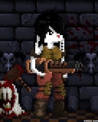  4:5 amaruq_wulfe angry animated anthro armor axe black_hair blood bodily_fluids boots breasts breathing brick_wall clothing digital_media_(artwork) ear_piercing female footwear fur gore grenade_launcher gun hair hair_over_eye id_software lagomorph leporid mammal medium_breasts microsoft piercing pixel_(artwork) quake rabbit ranged_weapon severed_body_part severed_head shambler shoes solo wall_(structure) weapon white_body white_fur 