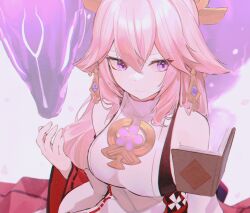  bare_shoulders book breasts closed_mouth detached_sleeves falling_petals female genshin_impact hair_between_eyes hair_flaps hair_ribbon large_breasts long_hair long_sleeves nontraditional_miko open_book petals pink_hair purple_eyes reading ribbon ribbon-trimmed_sleeves ribbon_trim smile spirit tsuchi_(sh_spica1) upper_body white_background white_sleeves wide_sleeves yae_miko yellow_ribbon 