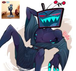  2025 4_fingers abstract_background absurd_res asian_clothing blue_body blue_eyes blue_skin claws clothed clothing demon demon_humanoid digital_drawing_(artwork) digital_media_(artwork) east_asian_clothing electronics finger_claws fingers for_a_head hazbin_hotel heart_nipples hellaverse hi_res humanoid japanese_clothing kimono lounging male nipples object_head off_shoulder open_mouth open_smile pecs pinksartdump pupils red_sclera reference_image screen screen_face screen_head sharp_teeth slit_pupils smile solo teeth television tv_head vox_(hazbin_hotel) 