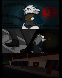  abandoned_building anthro black_clothing black_legwear blue_clothing blue_eyes blue_shirt blue_topwear bulletproof_vest clothing crate femboy foggy_background graffiti graffiti_on_wall gun hair hi_res legwear male male/male raganlier raganlier_(character) ranged_weapon shirt shotgun solo thinking topwear underwear weapon white_body white_hair 