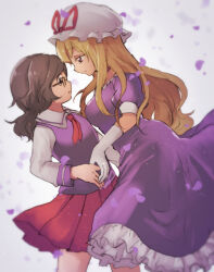  2girls blonde_hair brown_hair dress feet_out_of_frame from_side glasses hat long_hair low_twintails mob_cap multiple_girls necktie official_alternate_costume petals petticoat purple_dress purple_vest red_skirt school_uniform shirt shukinuko skirt touhou twintails usami_sumireko vest white_shirt yakumo_yukari 