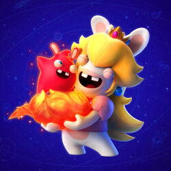  1:1 2022 3d_(artwork) absurd_res ambiguous_gender anthro blonde_hair blue_background blue_ear_piercing blue_eyes buckteeth closed_eyes clothed clothed_anthro clothed_female clothing cloud colored constellation crossover crown digital_media_(artwork) duo ear_piercing english_description featureless_crotch featureless_legs featureless_limbs female fur gael_chauvet gem glowing glowing_body hair happy headgear hi_res lagomorph larger_anthro larger_female light lighting long_ears long_hair love mammal mario_bros mario_plus_rabbids_kingdom_battle mario_plus_rabbids_sparks_of_hope mitten_hands multicolored_body nintendo noseless official_art one_eye_closed open_mouth open_smile piercing pink_clothing pink_shirt pink_topwear pyrogeddon rabbid rabbid_peach raving_rabbids rayman_(series) red_body red_skin red_tongue ruby_(gem) sapphire_(gem) shaded shirt short_legs simple_background size_difference smaller_ambiguous smile smiling_at_another smiling_at_each_other space spark_(mario_plus_rabbids) sparkles standing standing_on_cloud tan_body tan_eyelids tan_inner_ear tan_skin teeth tongue topwear two_tone_body ubisoft white_body white_fur 