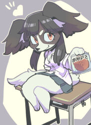  anthro baked_goods barefoot black_body black_fur black_hair blue_bottomwear blue_clothing blue_skirt bottomwear breasts canid canine canis cleavage clothed clothing crossed_legs desk domestic_dog eyelashes feet female food fur furniture hair heart_symbol holding_object japanese_text kaeritai07 mammal orange_eyes rolled_up_sleeves school_desk sitting_on_desk skirt solo table tail text white_body white_dress_shirt white_fur 