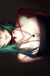  alien_stage besitosmp4 black_choker black_dress choker commentary cross cross_choker dress ear_piercing english_commentary face_piercing female fishnet_sleeves fishnets genderswap_(mtf) grey_hair head_out_of_frame highres jewelry lip_piercing long_hair necklace parted_lips piercing rule_63 sideways solo star_(symbol) star_necklace till_(alien_stage) 