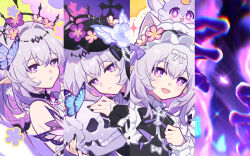 :d animal_ears bare_shoulders black_bow black_bowtie black_nails black_tiara black_veil bow bowtie bug butterfly butterfly_earrings castorice_(honkai:_star_rail) cat_ears chimera_(honkai:_star_rail) chinese_commentary closed_mouth commentary_request cross cross_necklace earrings female fingernails flower hair_flower hair_ornament hairbow hand_up holding holding_skull honkai:_star_rail honkai_(series) jewelry long_hair looking_at_viewer maid_headdress multiple_views nail_polish necklace parted_lips pink_flower pointy_ears pollux_(honkai:_star_rail) purple_bow purple_butterfly purple_eyes purple_hair sidelocks skull smile tiara veil xiaohutu 
