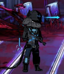  anthro apollo_caelum_(artist) boots bovid caprine clothing demon digital_media_(artwork) electricity fan_character female footwear goat holding_object holding_weapon horn limbus_company mammal natasha_goety project_moon shoes solo tail topwear vest weapon 