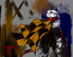  anthro arm_tuft bangs belt big_breasts black_clothing black_stripes bob_cut bracketsxxx breasts cape checkered checkered_clothing clip_studio_paint_(artwork) clothing demonic digital_media_(artwork) digital_painting_(artwork) digitigrade facial_scar felid female fur hair horn looking_at_viewer mammal multicolored_body multicolored_fur occult_symbol orange_clothing painting_(artwork) pantherine pattern_clothing pentagram pointed_tail red_body red_eyes red_sclera scar scarf short_hair shoulder_tuft signature solo standing straps stripes symbol tiger torn_clothing tuft two_tone_body two_tone_fur whiskers white_body white_eyes white_hair 