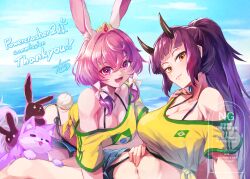  2girls =_= absurdres all_fours animal_ear_fluff animal_ears bikini bikini_under_clothes black_bikini black_horns black_rabbit_(animal) blue_shorts blue_sky blunt_bangs brazilian_flag breasts canine cleavage closed_mouth commentary_request commission commissioner_name crossed_bangs demon_girl demon_horns hair_between_eyes hair_between_horns highres horns juunishi_aya large_breasts lisette_(powercrasher2) long_hair low_twintails matching_outfits micro_shorts multi-source_commentary multiple_girls ocean orange_eyes original outdoors pink_hair ponytail print_shirt purple_eyes purple_hair rabbit rabbit_ears rabbit_girl rabbit_tail shirt short_sleeves shorts side-tie_bikini_bottom single_bare_shoulder skeb_commission sky stomach swimsuit tail thank_you tiara tied_shirt tsubaki_(powercrasher2) twintails watermark yellow_shirt 