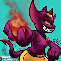  arm_tattoo big_hands big_head bottomwear chest_tattoo clothing demon demon_humanoid english_description english_text evil_grin evil_look female gem gold_(metal) gold_jewelry hi_res holding_object horn horn_jewelry horn_ring humanoid imp jewelry name_on_clothing necklace pants pupils purple_body ring_(jewelry) ruby_(gem) shaded sharp_teeth simple_background sinisterslyfox slit_pupils smile soft_shading solo spade_tail tail tail_motion tailwag tattoo teeth text throwing_object wide_hipped_female wide_hips yellow_bottomwear yellow_clothing yellow_pants yellow_sclera 