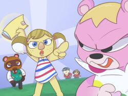  3_toes 4_fingers alice_(animal_crossing) animal_crossing anthro barefoot bear bent_arm big_nose black_bottomwear black_clothing black_eyes black_nose black_pants blonde_hair blue_body blue_bottomwear blue_clothing blue_eyes blue_fur blue_pants blue_sky blue_tail bottomwear brown_tail canid canine canis clothed clothed_anthro clothed_female clothed_male clothing colored cookieboy011 digby_(animal_crossing) digital_drawing_(artwork) digital_media_(artwork) domestic_dog dot_eyes dress english_description eyelashes eyewear featureless_arms feet female female_anthro fingers flat_chested floppy_ears freckled_face freckles fully_clothed fully_clothed_anthro fully_clothed_male fur furrowed_brow furrowed_eyebrows gesture glasses green_clothing green_topwear green_vest group hair hand_gesture holding_folder inner_ear_fluff koala light lighting looking_at_another looking_back looking_back_at_another lop_ears lyle_(animal_crossing) male male_anthro mammal marsupial multicolored_hair mustelid necktie nintendo no_pupils open_mouth otter outside pants pattern_clothing pattern_dress pink_body pink_fur pink_inner_ear pink_nose pink_tongue pointing raccoon_dog red_clothing red_freckles red_necktie red_suit shaded shih_tzu shirt short_hair simple_eyes sky story story_in_description straight_legs striped_clothing striped_dress stripes suit tail tan_body tan_fur tank_top tanuki toes tom_nook_(animal_crossing) tongue topwear toy_dog tuft two_tone_hair vest vladimir_(animal_crossing) vombatiform walking whiskers white_clothing white_dress white_dress_shirt white_inner_ear_fluff white_shirt white_tank_top white_topwear yellow_necktie 