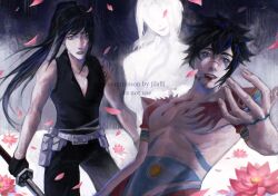  2boys abstract_background alma_karma arm_tattoo armor artist_name bare_arms bare_shoulders belt belt_pouch black_background black_gloves black_hair black_pants black_shirt blood blood_on_chest blood_on_mouth blue_eyes chest_tattoo commission d.gray-man dual_persona facepaint facing_viewer falling_petals female flower gloves gradient_background hair_between_eyes hand_on_another&#039;s_shoulder high_ponytail holding holding_sword holding_weapon jilalli kanda_yuu lips long_hair looking_at_viewer mature_female messy_hair multiple_boys outstretched_hand pants parted_bangs parted_lips petals pink_flower pink_petals ponytail pouch red_armor reincarnation shirt short_hair shoulder_armor shoulder_tattoo sidelocks sleeveless sleeveless_shirt smile spiked_hair stomach_tattoo sword tattoo toned toned_male topless_male twitter_username very_long_hair water_lily_flower weapon white_background white_belt 
