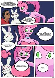  3_fingers absurd_res anthro arachnid arthropod big_breasts black_eyewear black_glasses blade_arm blue_choker blue_jewelry blue_necklace breasts brown_body brown_skin champion_(the_succubus_hunt) choker clothing dialogue dipstick_ears ear_markings eyeshadow eyewear female fingers glasses gloves green_eyes hair handwear hanging_by_arms happy hi_res human imminent_transformation jewelry kumoko living_toy makeup mammal mob_entertainment mommy_long_legs multi_arm multi_eye multi_leg multi_limb multicolored_ears necklace pink_body pink_clothing pink_eyes pink_eyeshadow pink_gloves pink_hair pink_handwear pink_skin poppy_playtime purple_ear_tips red_clothing red_shirt red_spots red_topwear rex_equinox sadith_(the_succubus_hunt) shirt smile smug so_i&#039;m_a_spider_so_what? species_in_dialogue spider spikes spikes_(anatomy) spots succubus the_succubus_hunt topwear 