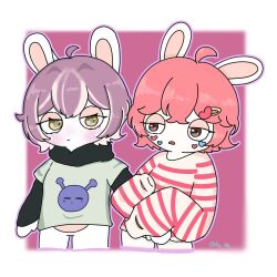  1:1 2024 anthro arms_bent artist_name bella_(peypey_mei1925) black_clothing black_hoodie black_topwear blush bottomless bottomless_anthro brown_eyes clothed clothed_anthro clothed_female clothing colored digital_drawing_(artwork) digital_media_(artwork) duo eyelashes fan_character featureless_crotch female flat_chested fur grey_clothing grey_pupils grey_shirt grey_t-shirt grey_topwear hair half-closed_eyes hi_res holding_arm hoodie lagomorph light lighting long_ears mammal medium_hair mitten_hands mouth_closed multicolored_clothing multicolored_hair multicolored_shirt multicolored_topwear narrowed_eyes open_mouth outline pey_(peypey_mei1925) peypey_mei1925 pink_hair pupils purple_hair purple_outline rabbid raving_rabbids rayman_(series) red_mouth red_stripes shaded shirt simple_background stickers_on_face stripes t-shirt tan_body tan_eyelids tan_inner_ear tan_skin text topwear two_tone_clothing two_tone_hair two_tone_shirt two_tone_topwear ubisoft white_body white_clothing white_fur white_hair white_shirt white_topwear yellow_eyes 