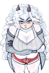  anthro belly big_breasts biped bovid breasts caprine cleavage clothed clothing crossed_arms eye_bags female front_view fur hair hi_res horn idw_publishing lanolin_the_sheep_(sonic) looking_at_viewer mammal sega sheep slightly_chubby slightly_chubby_anthro slightly_chubby_female solo sonic_the_hedgehog_(comics) sonic_the_hedgehog_(idw) sonic_the_hedgehog_(series) sweater topwear white_body white_fur white_hair wool_(fur) wool_hair zevulpes 