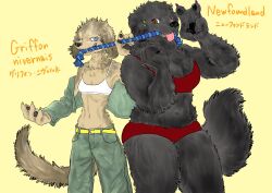  2019 absurd_res anthro big_breasts black_body black_fur blue_eyes bottomwear bra breasts brown_body brown_eyes brown_fur canid canine canis claws cleavage clothed clothing denim denim_bottomwear denim_clothing digital_media_(artwork) domestic_dog duo ear_piercing ear_ring english_text female floppy_ears fluffy fluffy_tail fur gesture griffon_nivernais hand_gesture hi_res hunting_dog jacket japanese_text jewelry kemono kyokyota looking_at_viewer mammal molosser mountain_dog navel necklace newfoundland_dog open_clothing panties pants pawpads piercing red_clothing ring_piercing shirt simple_background smile tail teeth text tongue tongue_out topwear underwear v_sign yellow_background 