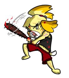  2018 3_toes animal_crossing anthro bangs barbed_wire barefoot bell_hair_tie bent_leg black_clothing black_eyes black_nose black_shirt black_tank_top black_topwear blonde_hair blood blood_on_clothing blood_on_face blood_on_weapon bodily_fluids bottomwear canid canine canis clothed clothed_anthro clothed_female clothing colored cookieboy011 digital_drawing_(artwork) digital_media_(artwork) dipstick_tail domestic_dog english_description eyebrow_through_hair eyebrows facial_markings feet female female_anthro floppy_ears frown fully_clothed fully_clothed_anthro fully_clothed_female furrowed_brow furrowed_eyebrows group hair head_markings holding_baseball_bat holding_melee_weapon holding_object holding_weapon isabelle_(animal_crossing) light lighting lop_ears male mammal markings melee_weapon mitten_hands motion_lines nintendo open_frown open_mouth orange_ears orange_hair pink_tongue ponytail pupils red_bottomwear red_clothing red_hair_tie red_shorts shaded shih_tzu shirt shorts shoulder_scar simple_background tail tail_markings tank_top teeth toes tongue topwear toy_dog translucent translucent_hair trio two_tone_tail weapon white_background white_markings white_pupils white_tail_tip yellow_tail 