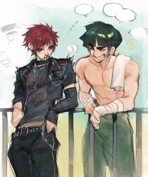  ! 2boys against_railing alternate_costume bandaged_hand bandages black_choker black_hair black_jacket black_pants black_shirt black_sleeves blunt_bangs choker closed_eyes cowboy_shot cross cross_necklace detached_sleeves earrings face_piercing fishnet_top fishnets gaara_(naruto) green_pants grin highres jacket jewelry lip_piercing looking_at_another male_focus multiple_boys naruto_(series) necklace no_eyebrows pants piercing railing red_eyes rock_lee shirt short_hair smile spiked_jacket spoken_exclamation_mark thick_eyebrows topless_male towel towel_on_one_shoulder virtuno 