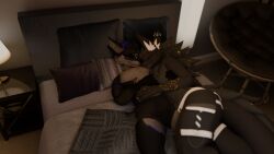  3d_(artwork) alphazear anthro bed bedroom clothed clothing digital_media_(artwork) draegyn dragon duo evening furniture hi_res high-angle_view male male/male mythological_creature mythological_scalie mythology neph_(draegyn) rex_(draegyn) scalie topless topless_male 