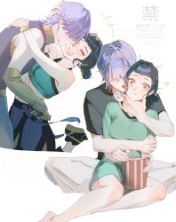  1boy aqua_shirt bare_shoulders barefoot black_hair black_shirt blunt_bangs blush brown_eyes closed_eyes couple crop_top detached_sleeves double_bun female food green_shirt grey_hair hair_bun hair_over_eyes halterneck hashtag-only_commentary highres hug koto_hara kpop_demon_hunters licking licking_ear long_shirt medium_hair messy_hair midriff multiple_views mystery_(kpop_demon_hunters) open_mouth orange_sleeves orange_sweater pants popcorn shirt short_bangs short_hair sleeveless sleeveless_turtleneck smile straight sweater sweater_vest t-shirt turtleneck twitter_username white_background white_pants wide-eyed zoey_(kpop_demon_hunters) 