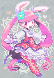  accessory anthro asian_clothing bow_ribbon buckteeth chao_pyon_pyon clothing dress east_asian_clothing eyelashes female flower flower_in_hair footwear frilly frilly_clothing frilly_dress fur hair hair_accessory heart_symbol kaeritai07 lagomorph leporid mammal open_mouth pink_body pink_eyes pink_fur pink_hair plant rabbit rosy_cheeks shoes solo teeth 