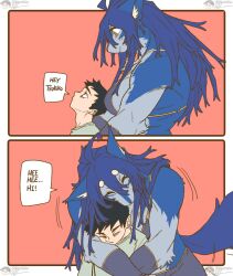  anthro blue_body blue_fur blue_hair canid canine canis cuddling female female_on_human fur hair hi_res hug human human_on_anthro interspecies larger_anthro larger_female male male_on_anthro mammal mythological_canine mythological_creature mythology rekidesu ren_(rekidesu) romantic romantic_couple side_view size_difference smile tsukiko_(rekidesu) werecanid werecanine werecreature werewolf wolf 