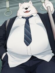  2025 absurd_res belly black_nose bottomwear canid canine canis clothing detailed_background domestic_dog fur hi_res humanoid_hands male mammal necktie noctnoc overweight overweight_male pants shirt solo standing topwear white_body white_fur 