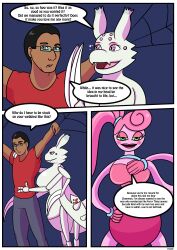  3_fingers absurd_res anthro arachnid arthropod big_breasts black_eyewear black_glasses blade_arm blue_bottomwear blue_choker blue_clothing blue_jewelry blue_necklace blue_pants bottomwear breasts brown_body brown_skin champion_(the_succubus_hunt) choker clothing dipstick_ears duo ear_markings eyeshadow eyewear female fingers glasses gloves green_eyes hair handwear hanging_by_arms happy hi_res human jewelry kumoko living_toy makeup mammal mob_entertainment mommy_long_legs multi_arm multi_eye multi_leg multi_limb multicolored_ears necklace pants pink_body pink_clothing pink_eyes pink_eyeshadow pink_gloves pink_hair pink_handwear pink_skin poppy_playtime purple_ear_tips red_clothing red_shirt red_spots red_topwear rex_equinox sadith_(the_succubus_hunt) shirt smug so_i&#039;m_a_spider_so_what? spider spikes spikes_(anatomy) spots the_succubus_hunt topwear 