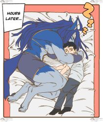  anthro big_breasts blue_body blue_fur blue_hair bottomwear bra breasts canid canine canis closed_eyes clothing cuddling female female_on_human fur hair hi_res hug human human_on_anthro interspecies larger_anthro larger_female male male_on_anthro mammal mythological_canine mythological_creature mythology rekidesu ren_(rekidesu) romantic romantic_couple shorts size_difference sleeping sound_effects tail tsukiko_(rekidesu) underwear vowelless vowelless_sound_effect werecanid werecanine werecreature werewolf wolf zzz 