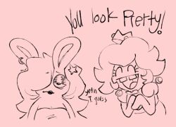  2023 anthro arms_bent black_lipstick breasts buckteeth cleavage closed_eyes clothed clothing compliment crossover crown digital_drawing_(artwork) digital_media_(artwork) duo ear_piercing ear_ring english_description english_text exclamation_point eyebrow_through_hair eyebrows eyelashes female female_anthro female_human hair hair_over_eye half-closed_eyes hands_together headgear human lagomorph lipstick long_ears long_hair looking_at_viewer makeup mammal mario_bros mario_plus_rabbids_sparks_of_hope narrowed_eyes nintendo noseless octoguy piercing princess princess_peach rabbid rabbid_rosalina raving_rabbids rayman_(series) ring_piercing royalty simple_background star_ear_piercing talking_to_another tan_background tan_clothing tan_ear_piercing tan_hair tan_shirt tan_topwear teeth text topwear translucent translucent_hair ubisoft yelling_at_another 