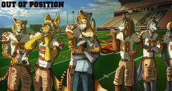  2011 american_football anthro aston_york black_pawpads black_text blue_clothing blue_shirt blue_sky blue_topwear bottomwear brown_body brown_fur canid canine canis charm_(out_of_position) chevali_firebirds clothed clothing cloud collared_shirt copyright_name coyote detailed_background devlin_miski digital_drawing_(artwork) digital_media_(artwork) equid equine felid fisher_kingston football_helmet football_jersey football_player football_uniform fox fully_clothed fur gerrard_marvell grey_body grey_fur group gyrowoof horse hug hugging_another jersey male male/male mammal orange_body orange_fur out_of_position pantherine pants pawpads red_fox shaded shirt sky smile snout sport stadium striped_body striped_fur stripes text tiger topwear true_fox white_body white_fur wiley_farrel wolf yellow_body yellow_fur 